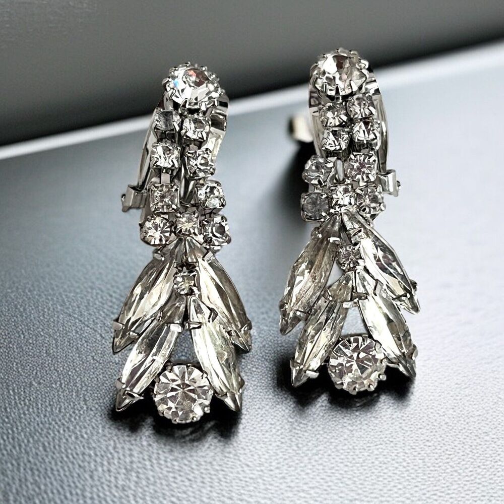 Vintage 1960s Clip On Earrings Silver Tone Clear Rhinestone Dangle Cluster - 13P